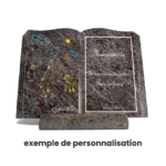 exemple de personnalisation sur une plaque funéraire Livre en granit, vue de face